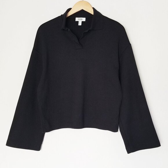 COS Jersey Rugby Shirt Top XS Black Collar V Neck Wide Long Sleeves Minimalist - Picture 5 of 16